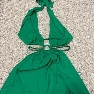L- backless halter green dress with gold details